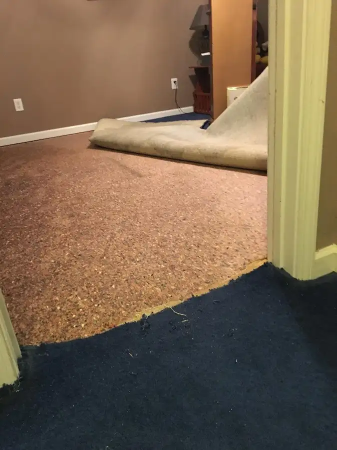 Carpet pad removal revealing water damage during Water Mitigation Services in Bentonville